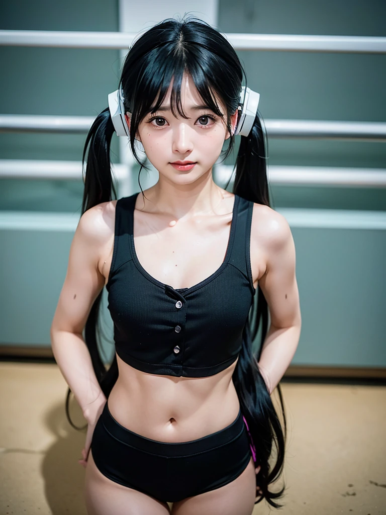 masterpiece, best quality, highres, Matoba Risa, 1girl, solo, busty, small breasts, black hair, twintail , sport bra, blush, looking at viewer, full body, standing, simple background, (erotic pose:1.4), (blush, flustered), ((arms behind head, double armpits)), Half body, upper body,n In the middle, symmetrical, crouching down, half-squat