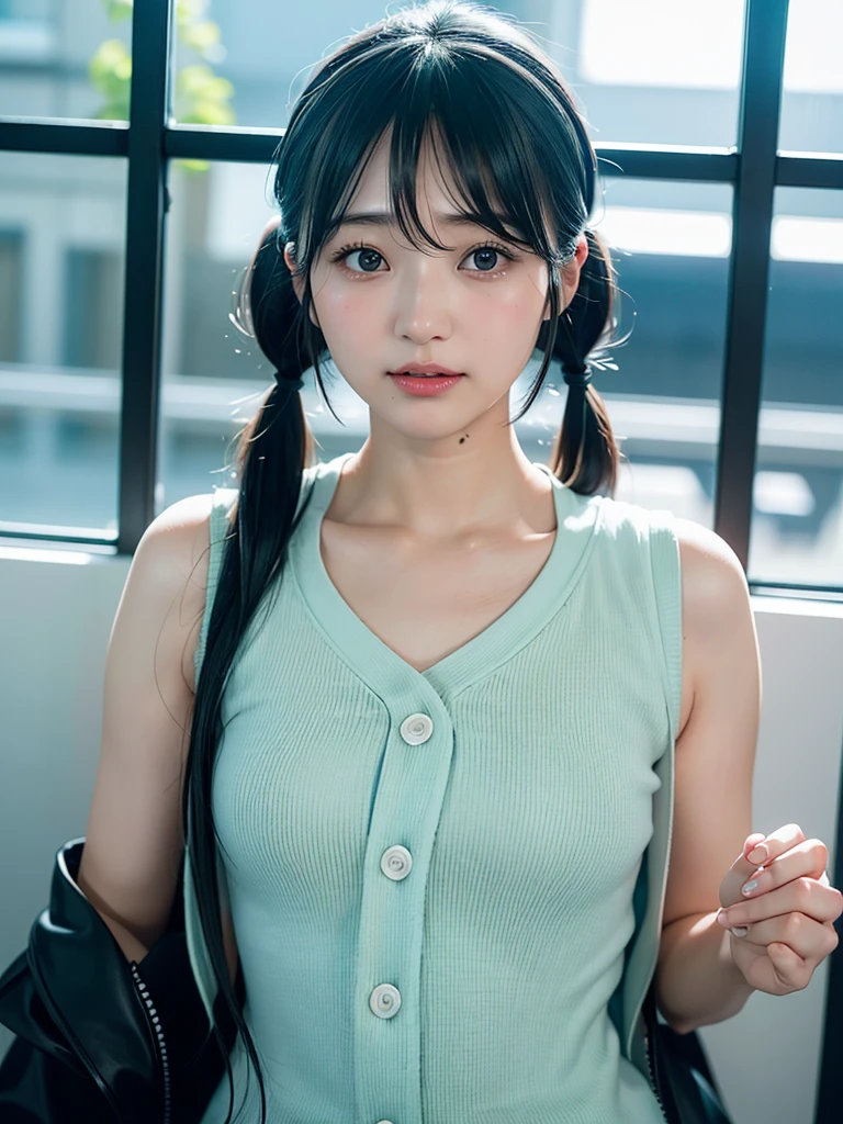 40-year-old Japanese woman、Black Hair、The hair is very short、Twin tails、Hatsune Miku's outfit、headphones、flat chest、Realistic photos、Realistic、8K quality、tall、No bangs、ストリートスナップ