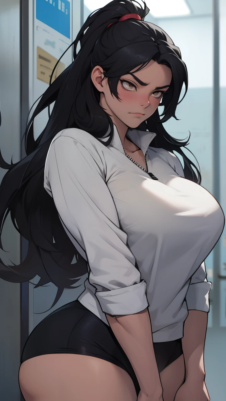 girl muscles huge breasts pale skin very long hair black hair yellow eyes sad blushing solo frown ponytail