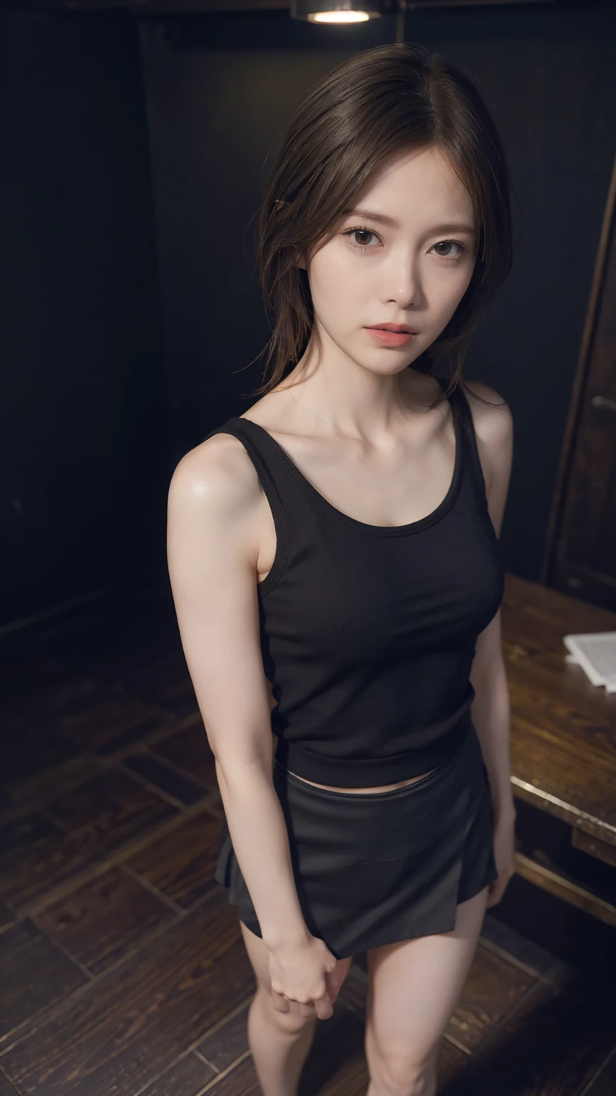 1girl, woman, masterpiece, best quality, highest quality, cinematic lighting, (volumetric lighting), extremely detailed CG unity 8k wallpaper, focused, 8k wallpaper, extremely detailed, ultra realistic, photorealistic, sharp focus, absurdres, (HDR:1.2), (high contrast), photograph, detailed and intricate, instagram, portrait, highly detailed, digital painting, artstation, concept art, smooth, sharp focus, illustration, cinematic lighting, (natural big breast), black short skirt, eyes looking at the viewer, ((medium shoulder)), (skinny legs), (slender body), (((height 163cm))), (HQ skin:1.4, Realistic human body structure), (Full body:1.4), (aerial shot photo), (wearing knit tank top, short skirt), (real skin of thighs), long hair