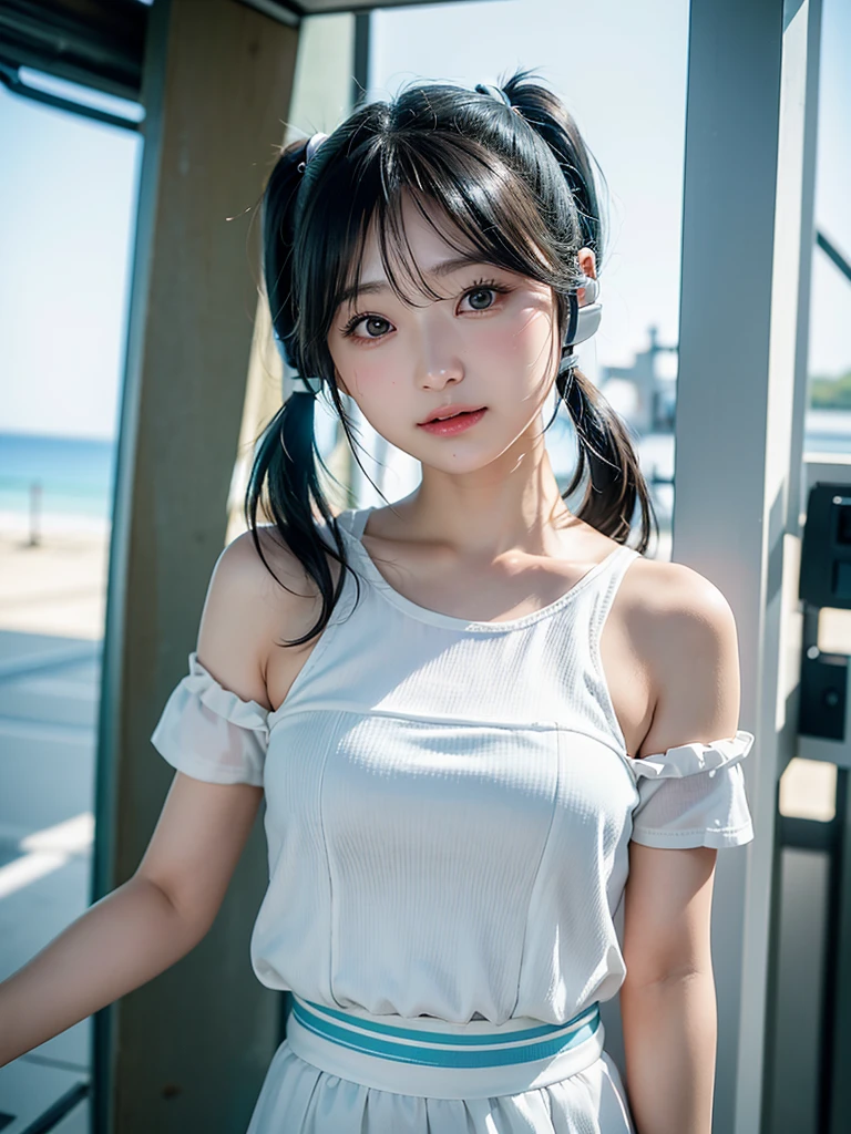 40-year-old Japanese woman、Black Hair、Hair is very short、Twin tails、Hatsune Miku Costume、Headphones、Flat Chest、Realistic photos、Realistic、8K quality、expensive、No bangs、Beach、High resolution, Highest quality, Anatomically correct, Winner of numerous awards, Ultra high definition,