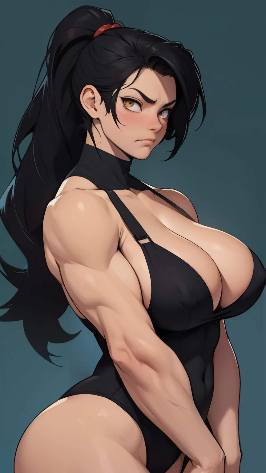 girl muscles huge breasts pale skin very long hair black hair yellow eyes sad blushing solo frown ponytail