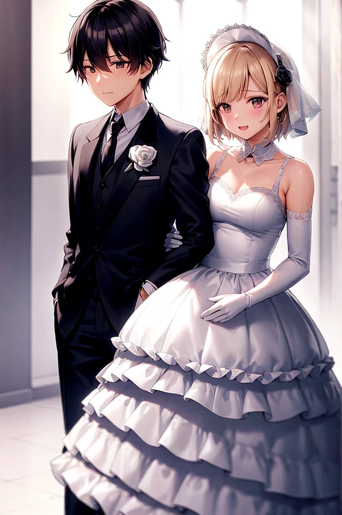 tmasterpiece, Best quality at best, 1 plump girl, 1 boy, flowers blooming, a skirt, The shirt, tics, flower bouquet, White flowers, collared shir, hair adornments, jaket, mitts, fail, formal, simple backgound, heterosexuality, holding flower bouquet, White jacket, hairflower, longer sleeves, bitch suit, shairband, Rose blanche, white panties, trouser, Short hair details, whitegloves, look at another, greybackground, cropped shoulders, ssmile, black necktie, rosette, white business suit, wedding gown, put your hands on someone's face, White dress