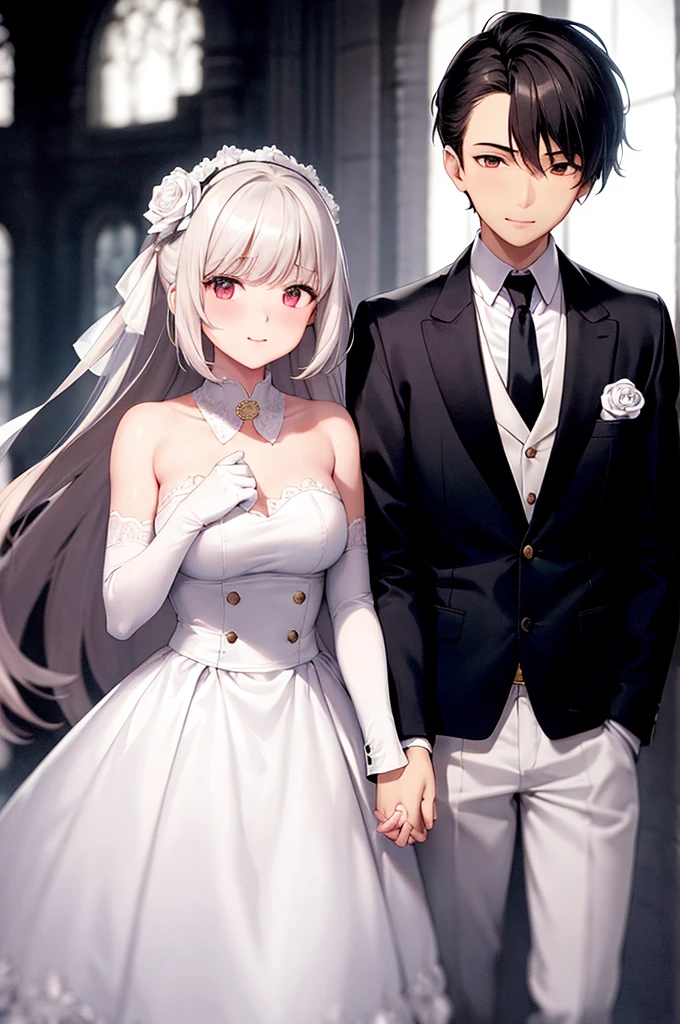 tmasterpiece, Best quality at best, 1 plump girl, 1 boy, flowers blooming, a skirt, The shirt, tics, flower bouquet, White flowers, collared shir, hair adornments, jaket, mitts, fail, formal, simple backgound, heterosexuality, holding flower bouquet, White jacket, hairflower, longer sleeves, bitch suit, shairband, Rose blanche, white panties, trouser, Short hair details, whitegloves, look at another, greybackground, cropped shoulders, ssmile, black necktie, rosette, white business suit, wedding gown, put your hands on someone's face, White dress