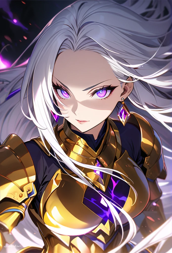 woman, blue eyes, long hair, white hair, mature, god eyes, diamond earings, glowing right eyes, two colors eyes, purple eyes, golden armor, cool,