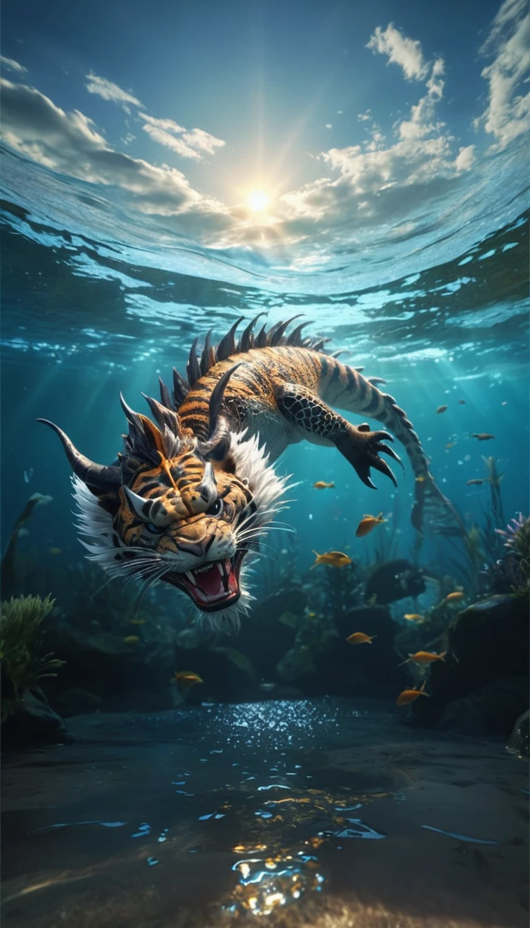 A mythical creature from the water(best quality,4K,8k,High level,masterpiece:1.2),Ultra Detailed,(lifelike,Photo real,Photo real:1.37),Highly detailed animals,Complex patterns,Realistic lighting,Fantasy Creatures