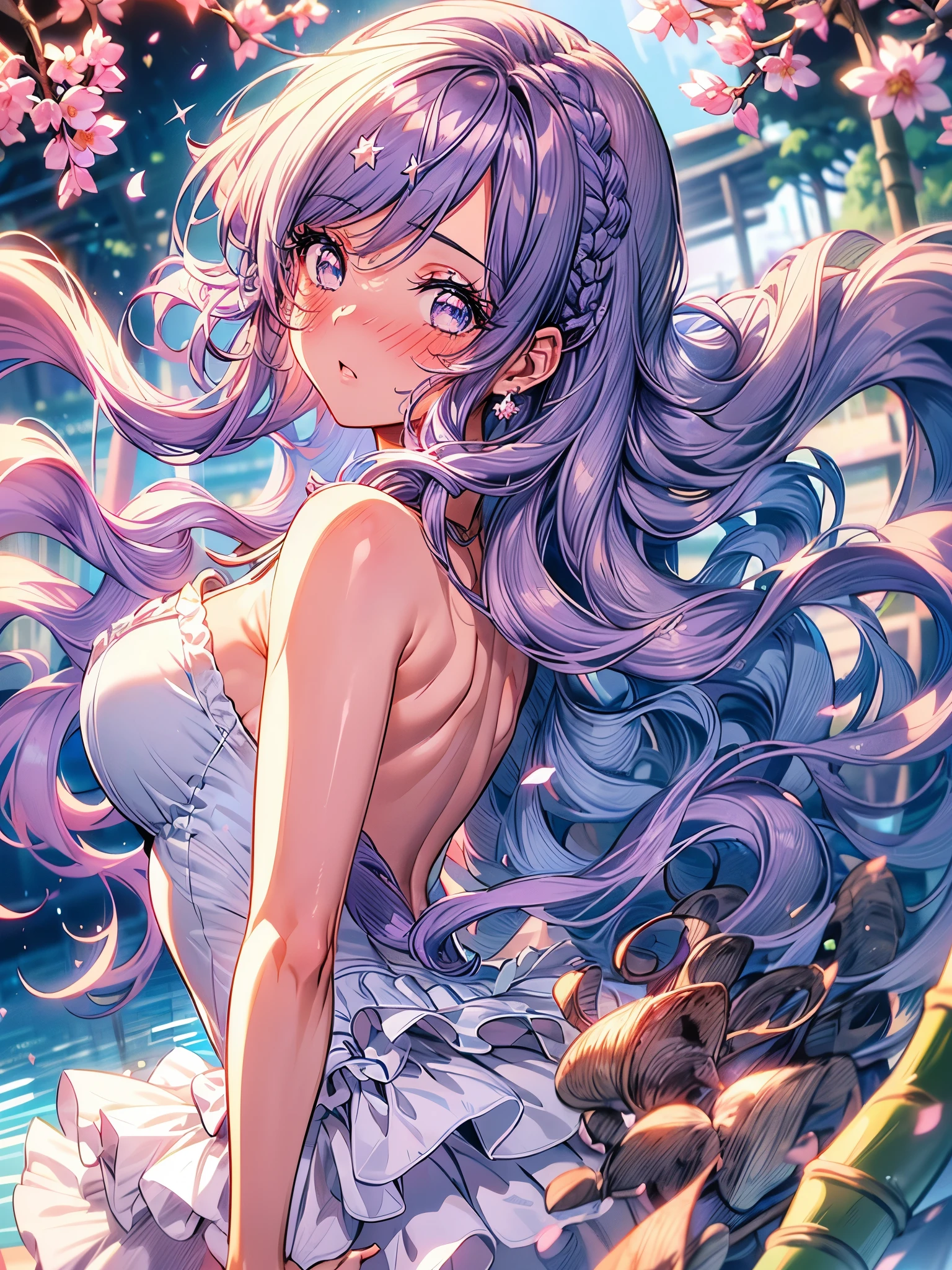 mature woman, 1girl, (masterpiece, best quality, extremely detailed), sharp focus, detailed face, face focus, extremely detailed eyes, long hair, crown braid, hair over the shoulders, (purple hair: 1.3), purple eyes, (sparkling eyes: 1.2), long eyelashes, (strong blush, drunk: 1.2), delicate makeup, big breasts, ((pink and white complicated dress, bare shoulders, décolleté)), ((dusk, holding diamond shard, discovery, bamboo shoots background, grass, green particles around, calm lake, cherry blossom background, breeze)), cinematic lighting, edge lightning, ray tracing, shading, dynamic angle, full-length image, walks, mermaid,