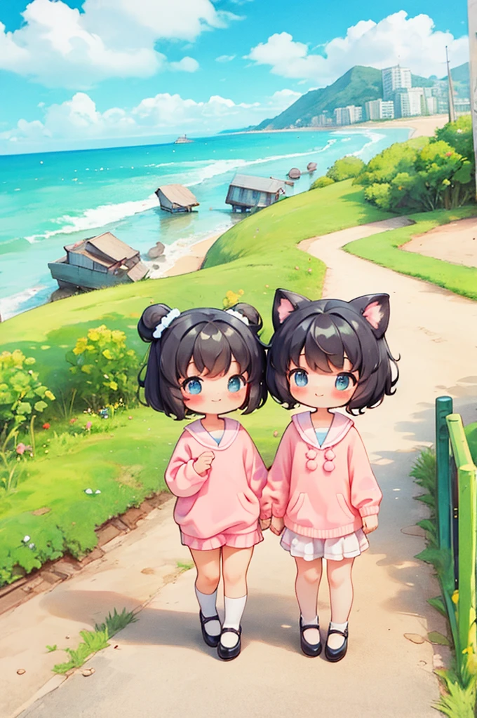 Shoulder sweater, Curly shorthair, hair scrunchie, Twin-tailed, kawaii pose、ssmile、Stroll along the seaside path
