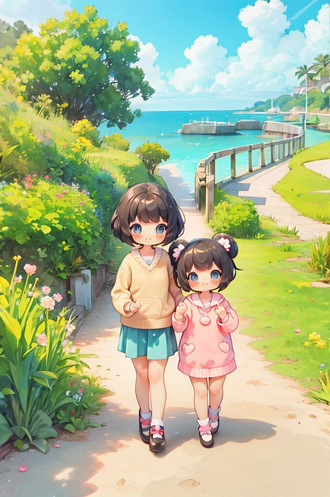 Shoulder sweater, Curly shorthair, hair scrunchie, Twin-tailed, kawaii pose、ssmile、Stroll along the seaside path