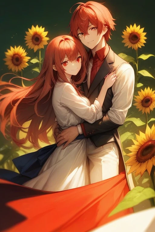 make otoya ittoki character from uta no prince sama with red hair and red eyes, smiling while looking straight at a girl with long brown hair, have green eyes, with a slight smile, both facing each other, with a field of sunflowers background, that the boy has a black suit and the girl has a light blue dress 