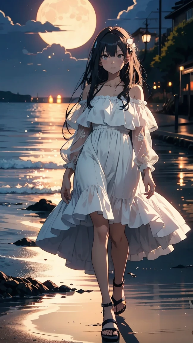 Top quality. Anime style, young woman in white lace dress, long hair, background is moonlit seaside, walking slowly. Holding sandals in one hand