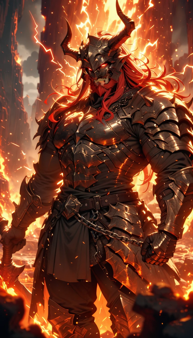 ((best quality)) , ((masterpiece)) , (detailed),axe, 1boy, male focus, horns, glowing eyes, holding, beard, glowing, solo, weapon, holding axe, facial hair, muscular, fire, holding weapon, chain, looking at viewer, long hair, lightning, muscular male, red hair, horned helmet, armor, helmet, belt, fake horns, molten rock, feet out of frame, standing, battle axe, electricity
