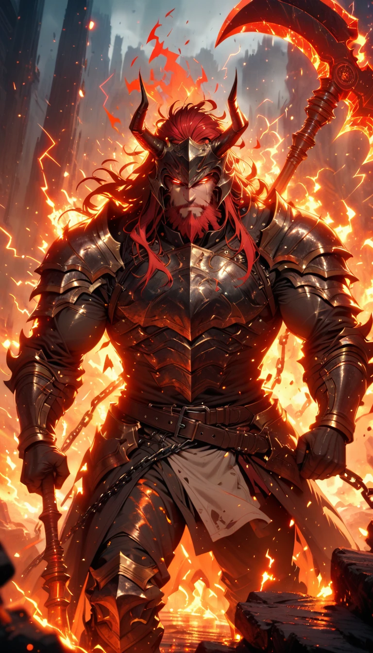 ((best quality)) , ((masterpiece)) , (detailed),axe, 1boy, male focus, horns, glowing eyes, holding, beard, glowing, solo, weapon, holding axe, facial hair, muscular, fire, holding weapon, chain, looking at viewer, long hair, lightning, muscular male, red hair, horned helmet, armor, helmet, belt, fake horns, molten rock, feet out of frame, standing, battle axe, electricity