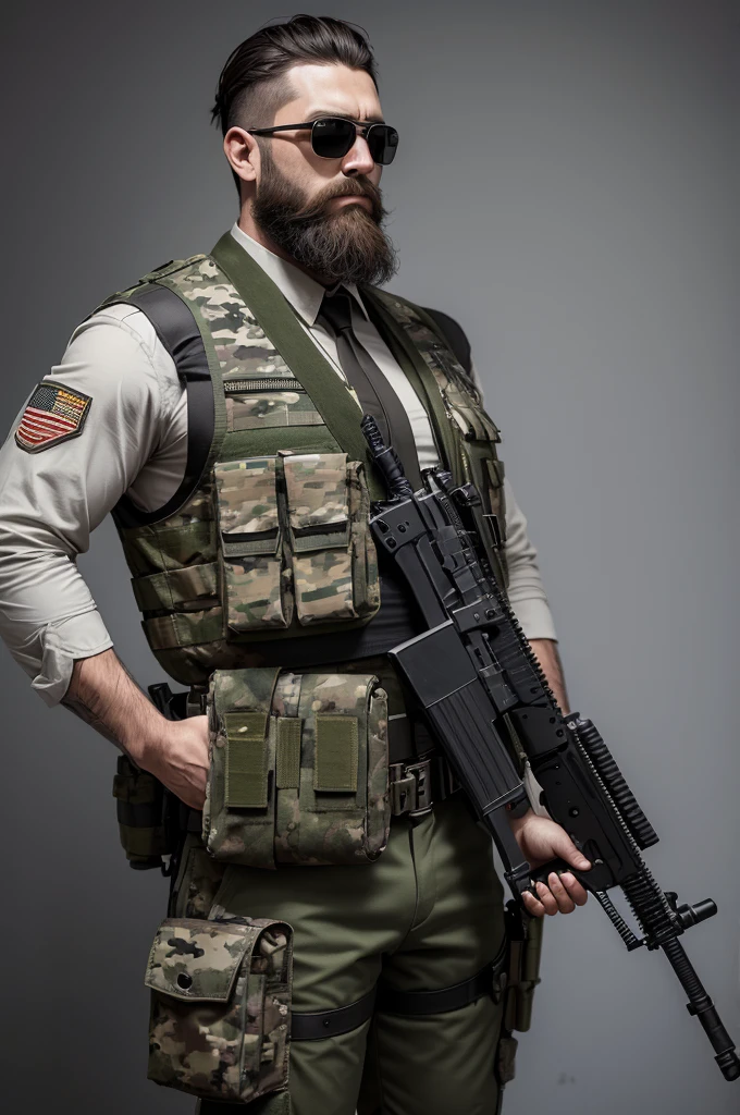 fighter, camouflage vest and pants, dark shirt, gun in belt, holding a rifle, with grenades and ammunition attached to the vest, with big beard, sunglasses and tactical helmet