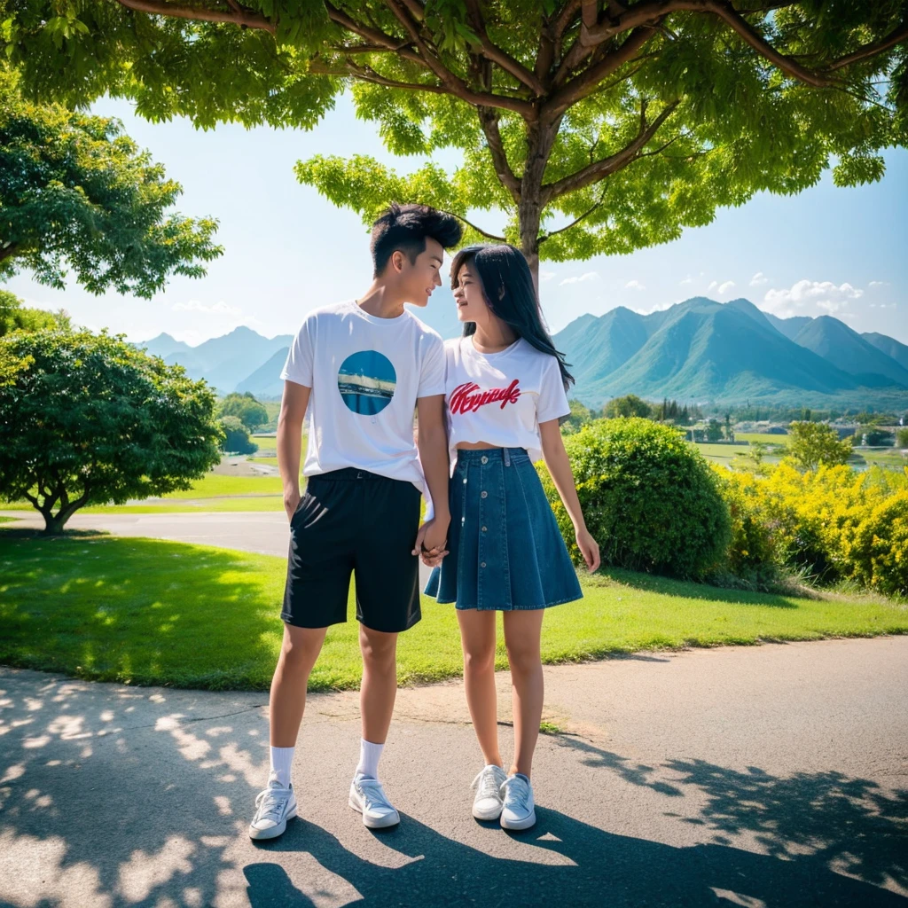 A stunning cinematic photo of an Asian age couple posing in a vibrant red Ayla car. The young man sports a bold yellow faux hawk and wears a blue t-shirt, jeans, and white shoes, while the young woman flaunts her beautiful body shape with a long black hair. She is dressed in a white t-shirt, a mini skirt, and white shoes. The background reveals a serene landscape of trees and distant mountains, with sunlight filtering through the tree gaps, creating a bright and inviting atmosphere., cinematic, photo