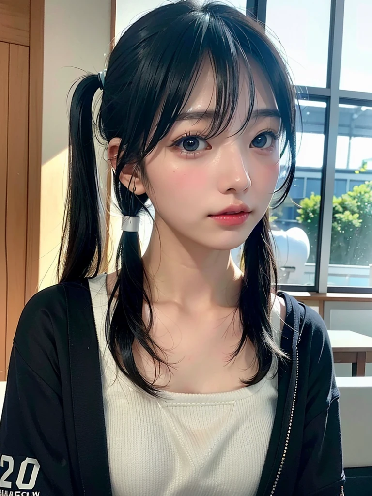 40-year-old Japanese woman、Black Hair、Hair is very short、Twin tails、Hatsune Miku Costume、Headphones、Flat Chest、Realistic photos、Realistic、8K quality、expensive、No bangs、Cafe Terrace、High resolution, Highest quality, Anatomically correct, Winner of numerous awards, Ultra high definition,