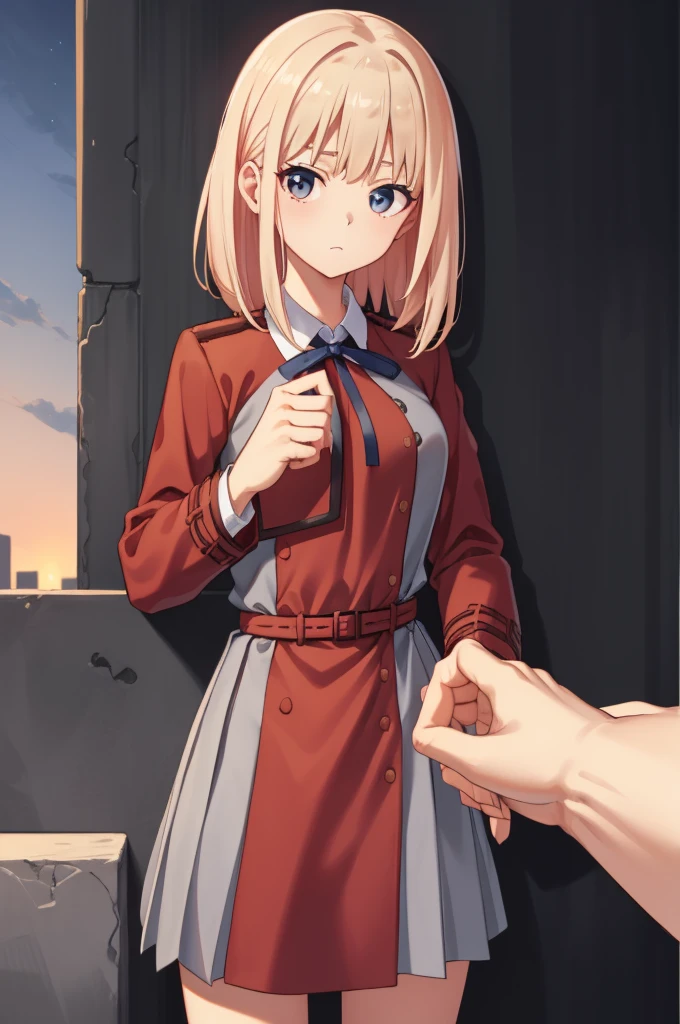 They haven&#39;t even toned it down, Nishikigi chisato, short hair, bangs, Blonde, (Red eyes:1.5), hair ribbon, One side up, Bobcut,
break shirt, Long sleeve, dress, ribbon, White shirt, Collared shirt, belt, neck ribbon, red dress, blue ribbon, pleated dress, grey dress, two-tone dress, red belt, Uniform sake,,
break outdoors, city,
break looking at viewer, break (masterpiece:1.2), Highest quality, High resolution, unity 8k wallpaper, (figure:0.8), (Beautiful attention to detail:1.6), Highly detailed face, Perfect lighting, Highly detailed CG, (Perfect hands, Perfect Anatomy),