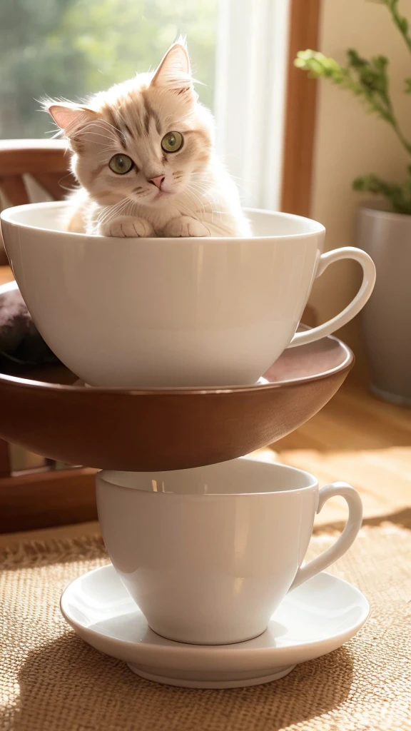 Cat, (Himalayan), (Small)))), in a teacup, Face, Front paws out, 8K, Professional photo, Delicate, Clear, On the table, Inside the house, Sunshine, Light Leak, Masterpiece, ((Pretty))), Fashionable Teacup, (Reality), Plush Toy, Round Pupils