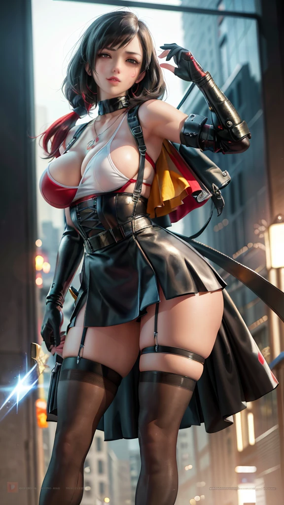 (8k, best quality, masterpiece:1.2), (realistic, photo-realistic:1.37), ultra-detailed, 1 girl,cute, solo, (tifa lockhart), (huge breasteautiful detailed eyes), (smile:1.2), (closed mouth), erotic pose, dancing, neon lights, cityscape, depth of field, dark intense shadows, sharp focus, cars, motion blur, motor bikes, depth of field, good composition, green glowing light, Final Fantasy VII, dating,(nose blush), single elbow pad, ankle boots, black hair, black thighhighs, red boots, elbow gloves, elbow pads, fingerless gloves, taut shirt, sports bra, (suspender black skirt), thighhighs, white tank top, full body, head rest, lips, pretty face, low-tied long hair, ((red_eyes)), yellow flowers, (night:1.3), intricate, bokeh, cinematic lighting, photon mapping, radiosity, physically-based rendering, (Tetsuya Nomura style), nsfw, perfect breasts