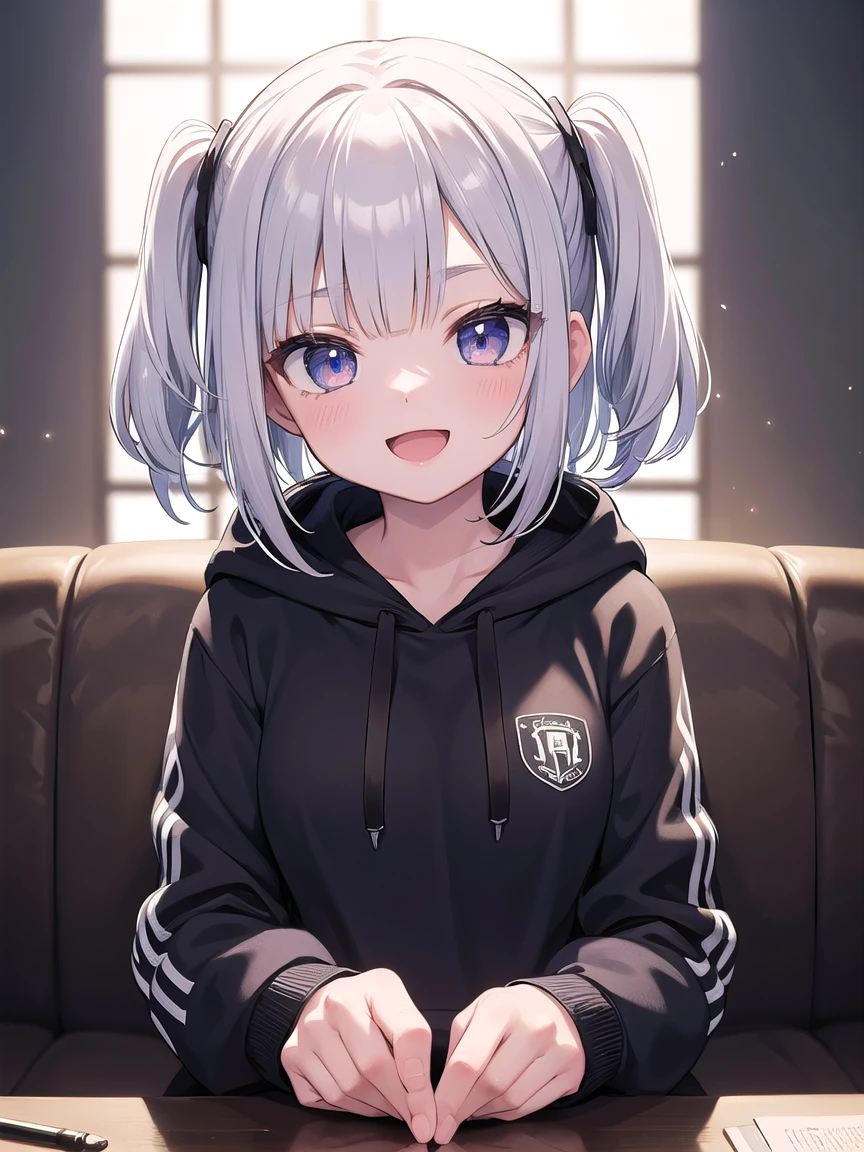 ((masterpiece, best quality)),high resolution,ultra detailed,8k,16k,detailed background, perfect lighting, 1girl,solo,look at viewer,:d,silver hair,sitting,twin side up,hoodie,upper body