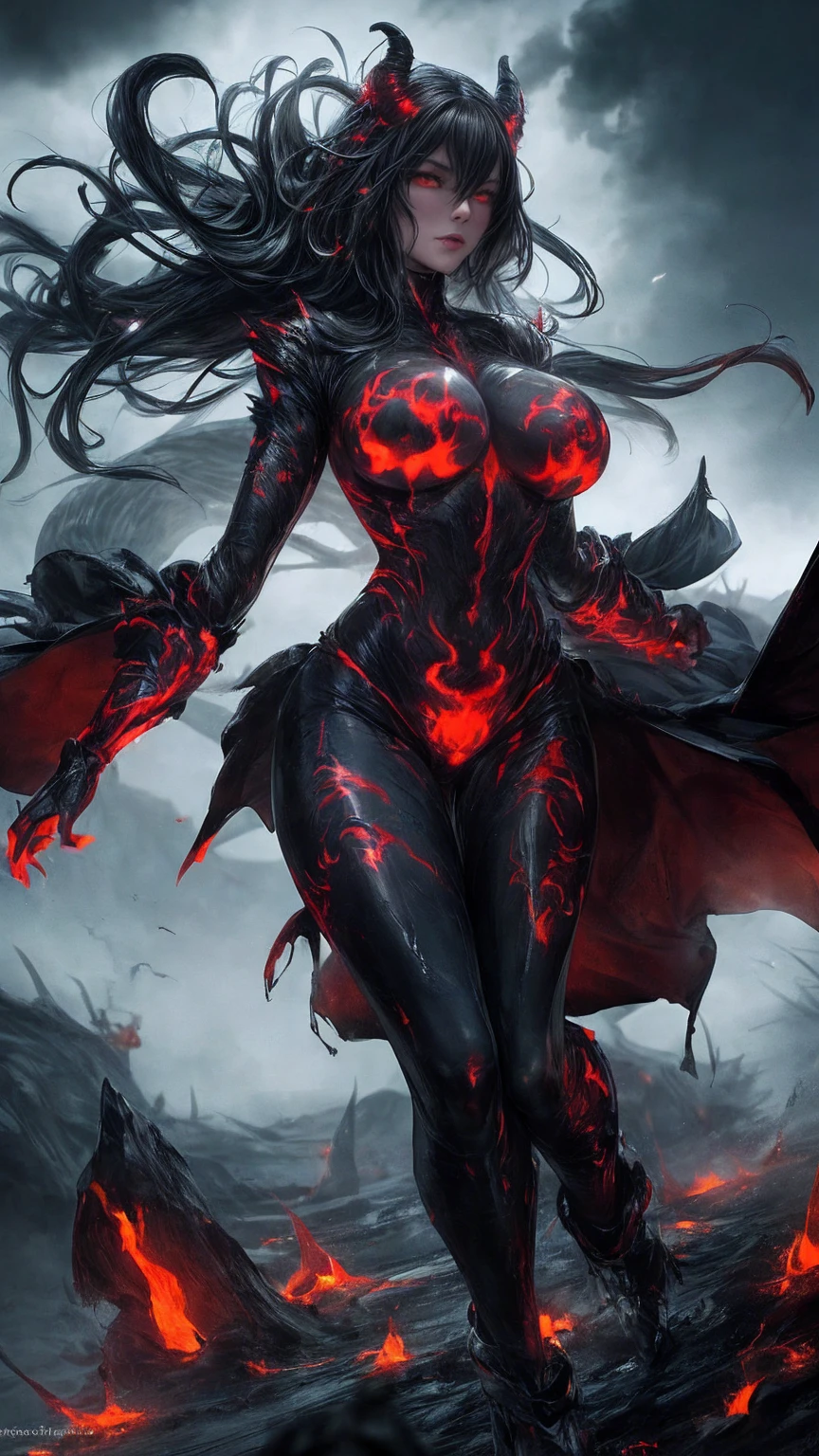 Storyboard, masterpiece, highest quality, dragonlady queen, perfect demoness, long legs, hourglass figure, curvy hips, busty, bright red glowing eyes, detailed eyes (1.4), scars on face, villainous expression, flaming skin body with bioluminescent glowing pattern, ready for battle, blurred stormy background, dark atmosphere, lighting in background,full body,