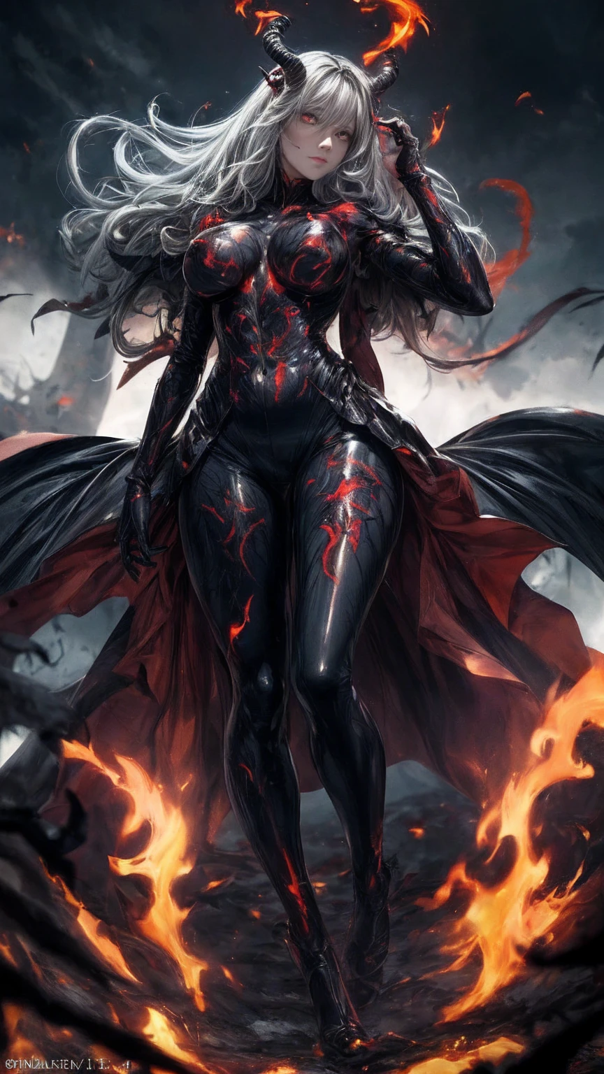 Storyboard, masterpiece, highest quality, dragonlady queen, perfect demoness, long legs, hourglass figure, curvy hips, busty, bright red glowing eyes, detailed eyes (1.4), scars on face, villainous expression, flaming skin body with bioluminescent glowing pattern, ready for battle, blurred stormy background, dark atmosphere, lighting in background,full body,