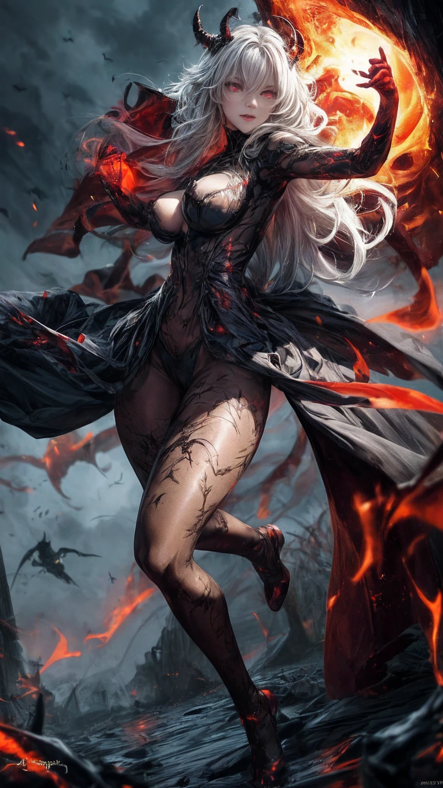 Storyboard, masterpiece, highest quality, dragonlady queen, perfect demoness, long legs, hourglass figure, curvy hips, busty, bright red glowing eyes, detailed eyes (1.4), scars on face, villainous expression, flaming skin body with bioluminescent glowing pattern, ready for battle, blurred stormy background, dark atmosphere, lighting in background,full body,