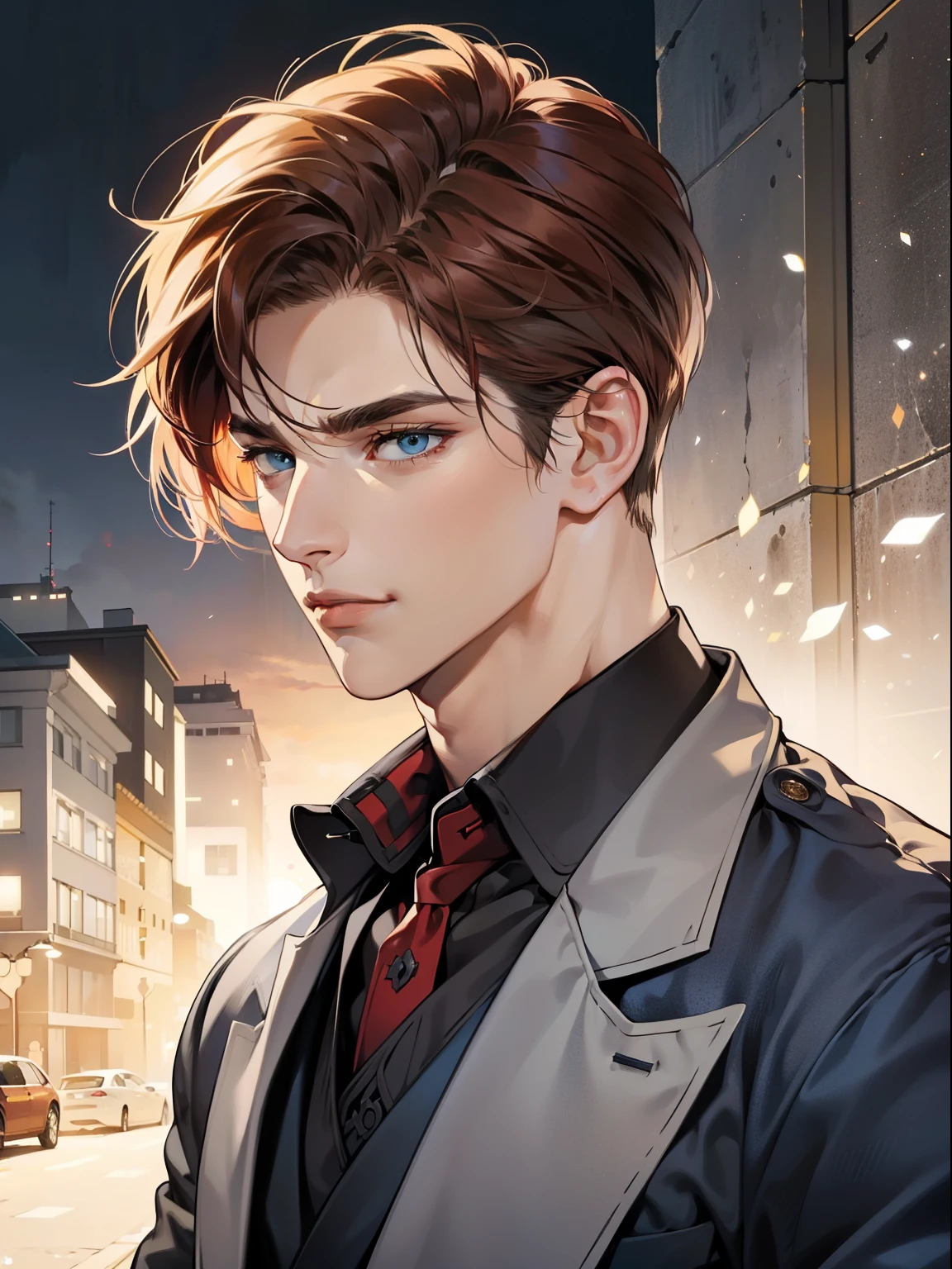 masterpiece, best quality, realistic, 1man, mature male, quiet and charming  man, 25 year old, serious look, closed mouth, portrait, extremely detailed face, cold smile in love, ((dark grey blue eyes)), ((short-right-swept dark Red hair)), [thick eyebrows], ((suit)), handsome, full body, western, Jewish, light brown skin,