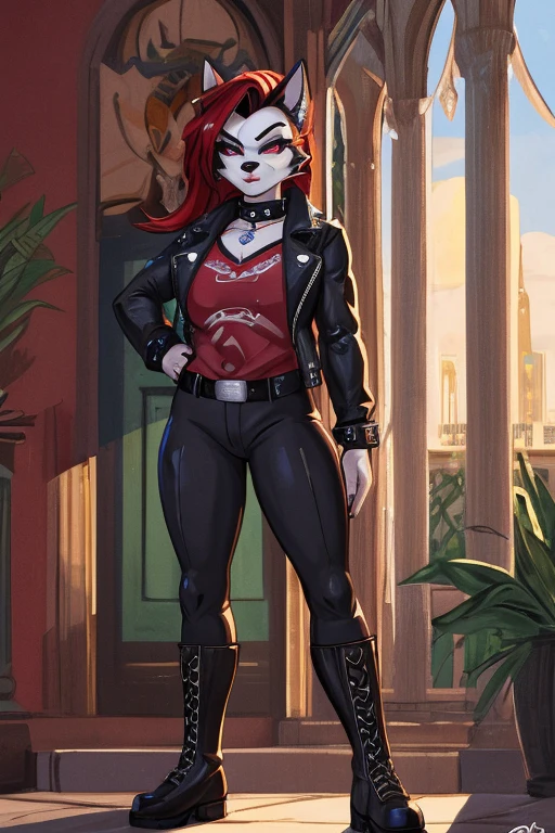 Art helluva boss,furry feminino,husky,black and white fur color,beauty,black and red hair color,clara dos olhos completamente vermelha,white pupils,normal facial expression,Busty,Big ass,fleshy legs,Dog Collar,punk jacket,red shirt,black military pants,military boots, suburban cartoon scenery.