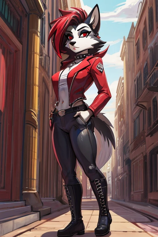Art helluva boss,furry feminino,husky,black and white fur color,beauty,black and red hair color,clara dos olhos completamente vermelha,white pupils,normal facial expression,Busty,Big ass,fleshy legs,Dog Collar,punk jacket,red shirt,black military pants,military boots, suburban cartoon scenery.