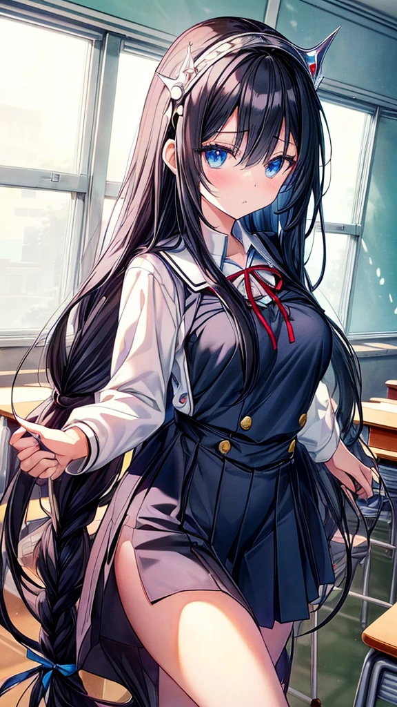 best quality, extremely detailed,anime style girl,long hair down to the waist, straight hair, ((dark black hair with bluish)),braid,beautiful detailed eyes, pinched eyes, (dark blue eyes),huge breasts,curvy,((((white main princess school uniform)))),clothing with complex patterns,cool expression,((((classroom)))),((Diagonal angle)),dynamic angle