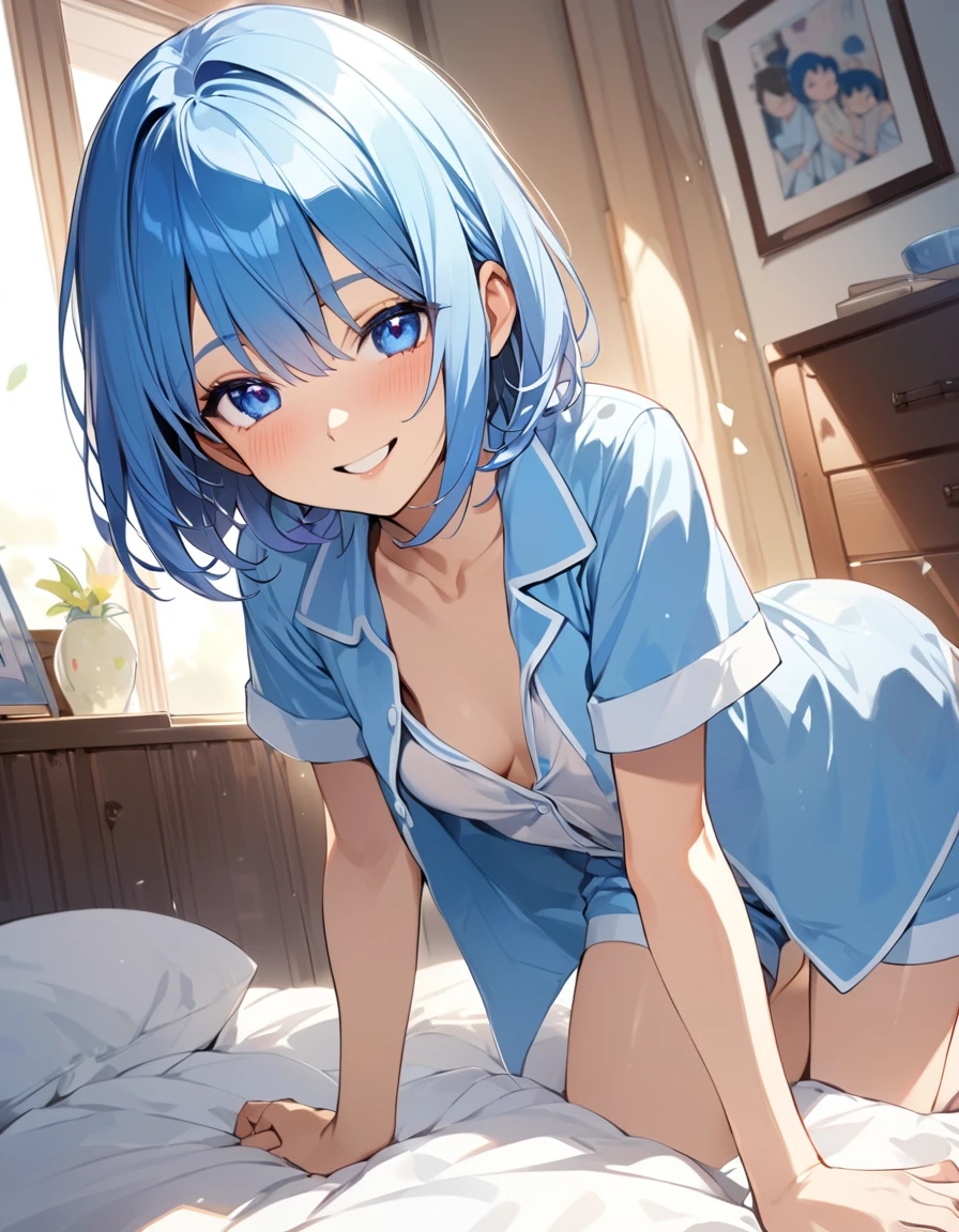 (Top quality illustrations:1.2), (pretty girl:1.1), (1 girl、、Top quality illustrations:1.2), (1 girl、smile、Medium chest、Highly detailed eyes:1.2)、Bright blue hair、Short Bob Hair、(Plain pajamas、Short sleeve、open shirt, Good, Shorts) 、Cowboy Shot、Morning bedroom、On the bed