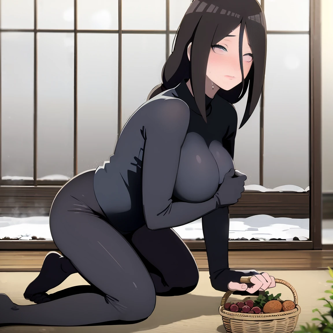 masterpiece, Very detailed, best quality, Ultra-high resolution, 1 Girl, Solitary, （Snow outside the window，exist（bamboo basket）by the fire，Sweating，blush），(中等breast), breast, (Hana and Hinata:1), (Yoga Clothes，Kneeling), cleveage, From the front，sit，exist沙发上，black eyes，White eyes