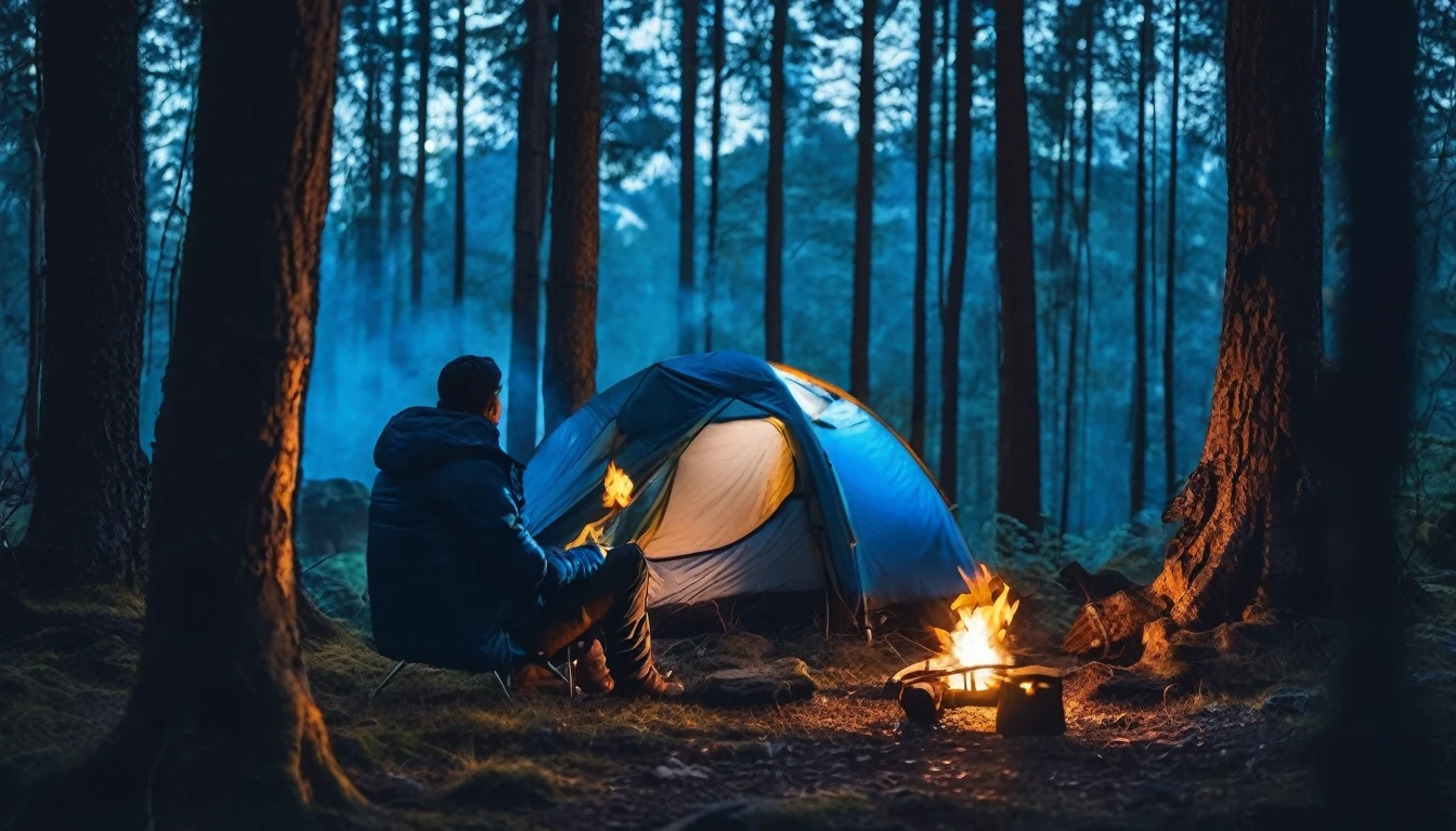 Camping tent between the trees in the forest, man in a blue jacket sitting on the chair, in the right corner of the screen, with his back to the camera, dark night, tense environment