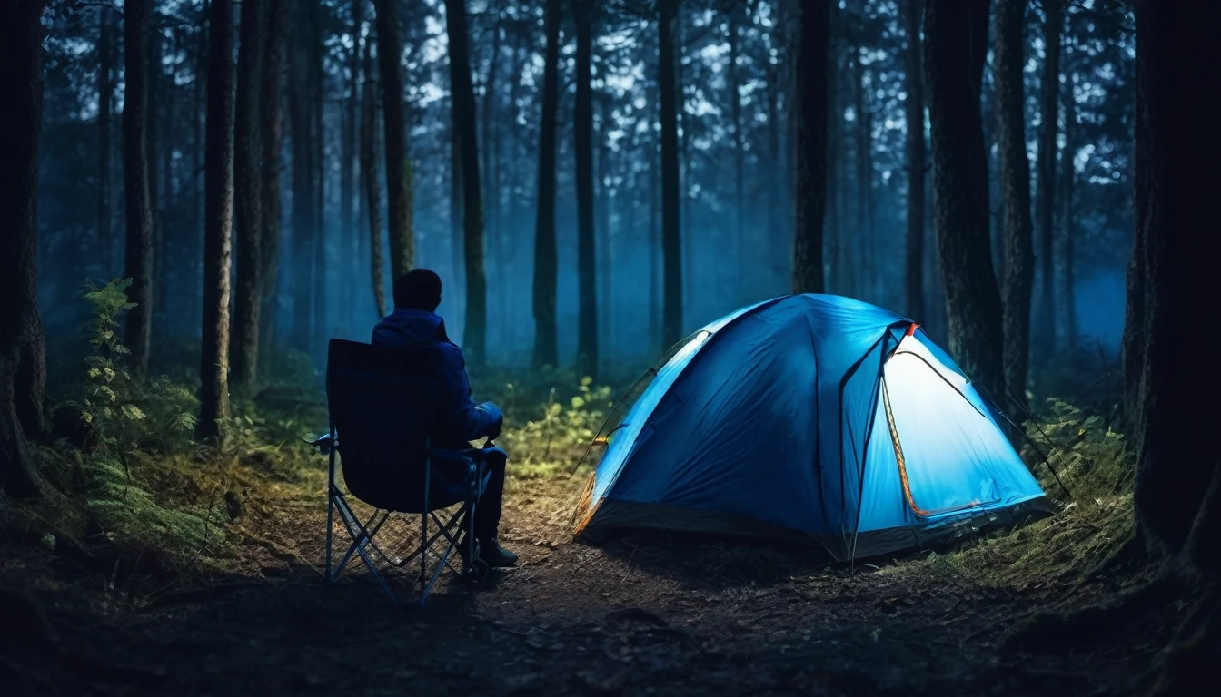 Camping tent between the trees in the forest, man in a blue jacket sitting on the chair, in the right corner of the screen, with his back to the camera, dark night, tense environment