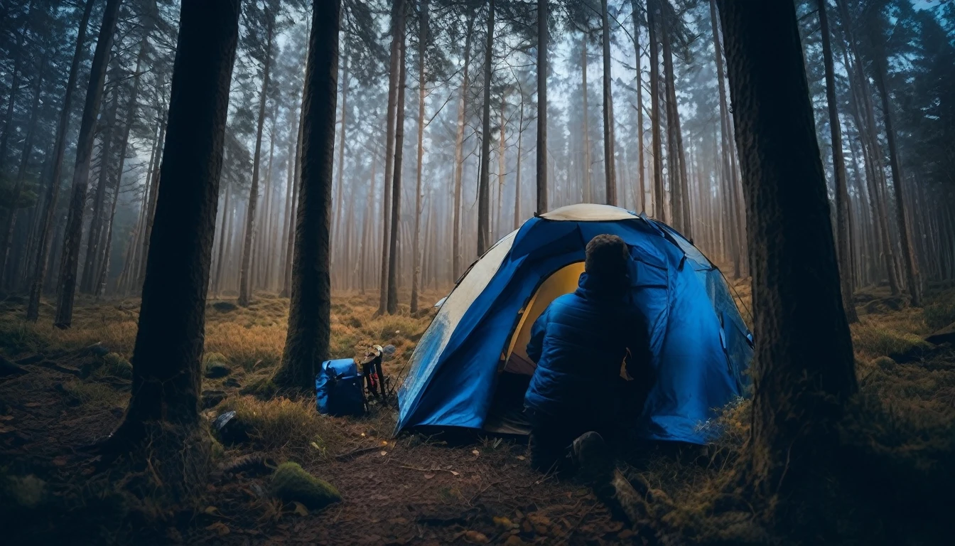 Camping tent between the trees in the forest, man in a blue jacket sitting on the chair, in the right corner of the screen, with his back to the camera, dark night, tense environment