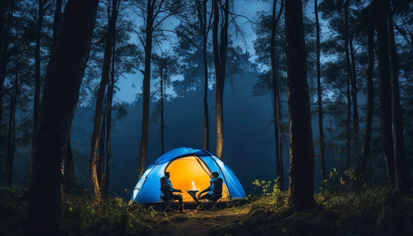 Camping tent between the trees in the forest, man in a blue jacket sitting on the chair, in the right corner of the screen, with his back to the camera, dark night, tense environment