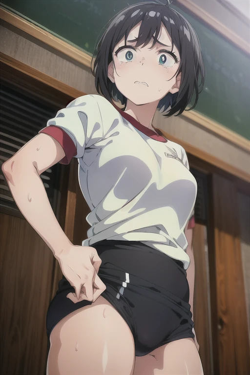 buruma, blue buruma, (White short-sleeved gym uniform), School,at classroom, ((Highest quality)), ((masterpiece)), (detailed), Perfect Face, Perfect Arms, Perfect hands, Perfect Fingers, anime, Ultra-fine illustration, (Solo gay boy),(disappointed:1.3,constricted pupils:1.4),embarrassed,tears:1.3,show teeth,tearsdrop,(men's black messy Shorthair:1.4), Proud look, Shooting from below, Cowboy Shot, Outdoor,crowded,