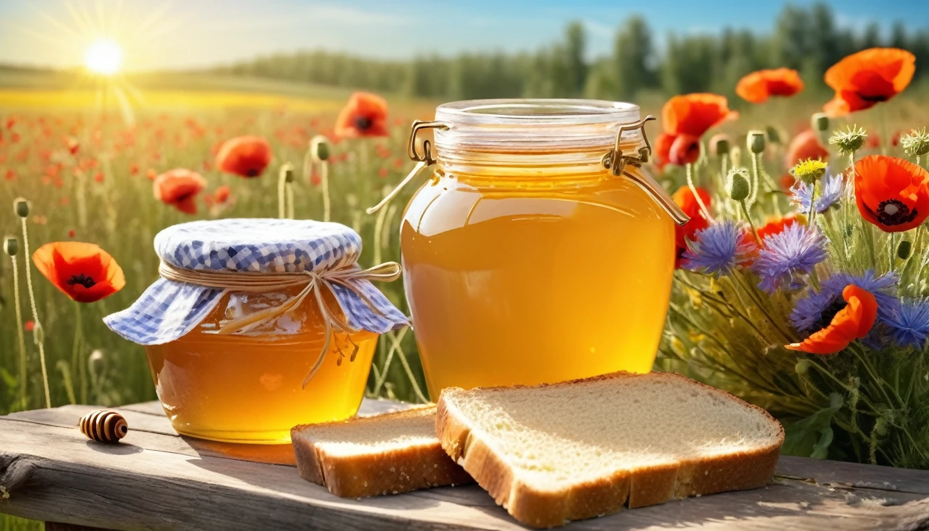   a jar of honey, sliced ​​bread, a bouquet of wildflowers,poppies , rustic style, a field on the  background, sun, cute photo, realistic textures