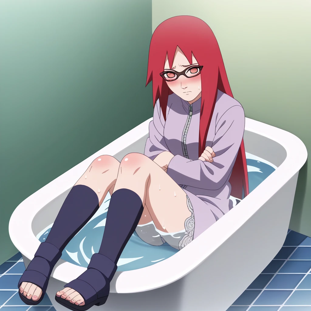 Red hair, 1 Girl, Glasses, Long hair, Red Eyes, Umbilical cord, Looking at the audience, No students, sit,Keep your legs together, zipper,Closed-toe shoes, Japanese cartoons screencap, Japanese cartoons coloring,src_Japanese cartoons,Naruto \(series\), Naruto shippuuden,((blush,nervous,Vision,))masterpiece, absurd , (Intricate details), (Colorful), light, Extremely detailed CG Unity 8k wallpaper ,1 Girl, solo,(sit在浴缸里,优雅的sit着,Bathrobe,Keep your clothes conservative,bubble bath,Soaked in water,shy,Medium chest, ),sweat,blush,blush1.5,Blush。Lace dress,bathroom,night,((Lace dress,Black stockings,big bathtub,Sling group,))