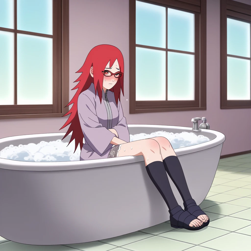 Red hair, 1 Girl, Glasses, Long hair, Red Eyes, Umbilical cord, Looking at the audience, No students, sit,Keep your legs together, zipper,Closed-toe shoes, Japanese cartoons screencap, Japanese cartoons coloring,src_Japanese cartoons,Naruto \(series\), Naruto shippuuden,（（blush，nervous，Vision，））masterpiece， absurd ， （Intricate details）， （Colorful）， light， Extremely detailed CG Unity 8k wallpaper ，1 Girl， solo，（sit在浴缸里，优雅的sit着，Bathrobe，Keep your clothes conservative，bubble bath，Soaked in water，shy，Medium chest， ），sweat，blush，blush1.5，Blush。Lace dress，bathroom，night，（（Lace dress，Black stockings，big bathtub，Sling group，））