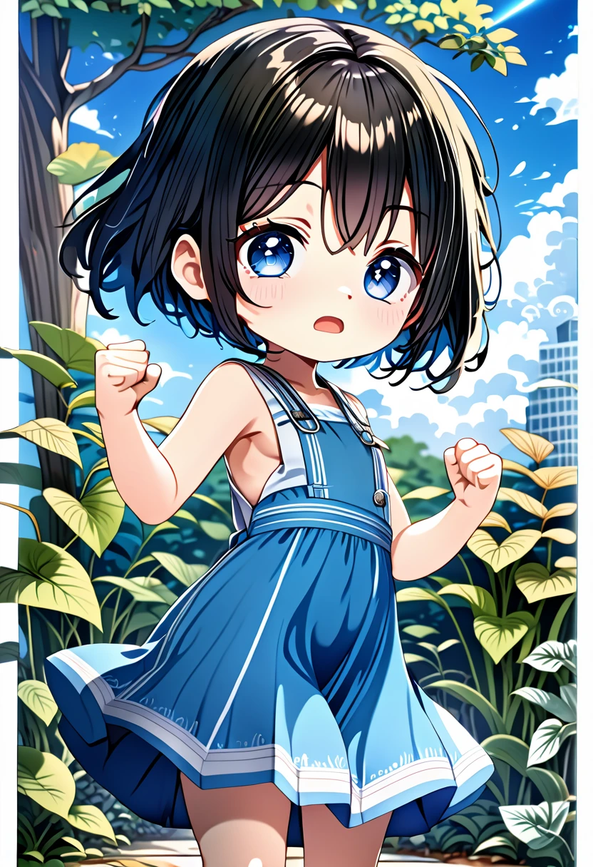 Highest quality、High resolution、Detailed Background、Beautiful face in every detail、Anatomically correct、Detailed facial expressions、fine grain、((From the side))、((One Girl))、Chibi Girl、 Black Hair、beautiful clear big blue eyes、Braided Bob、Sleeveless dress、garden、Very angry、Raise one hand high、((Punch the viewer！:1.2))
