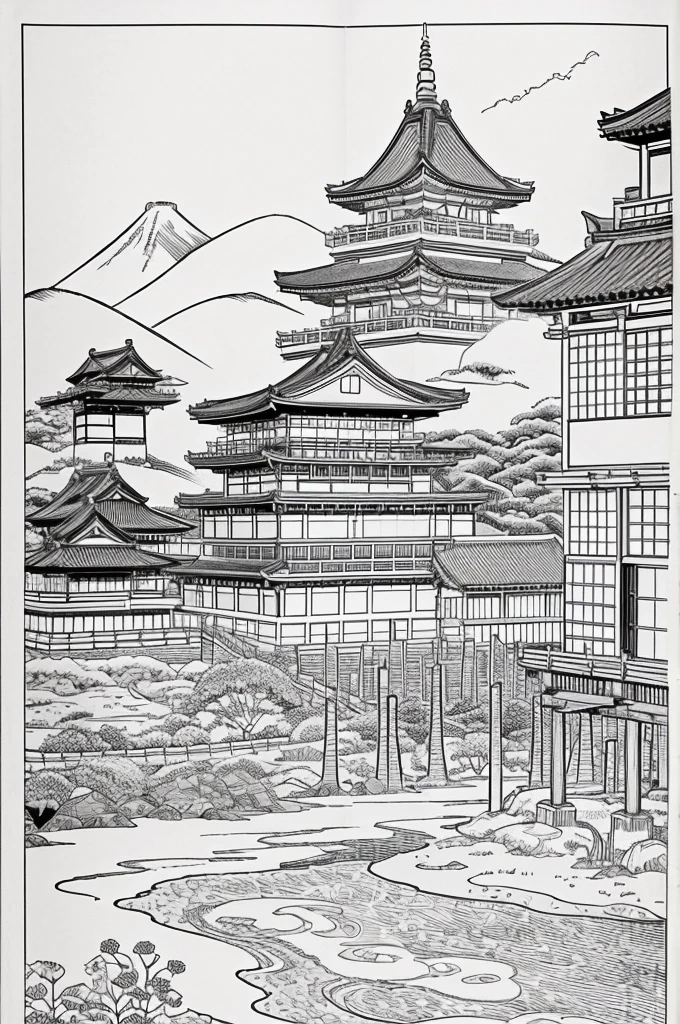 A coloring book of ukiyo-e with castles that will help you understand Japanese culture、Black and White