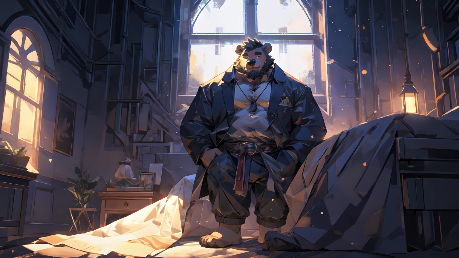 (masterpiece:1.2), best quality,pixiv,official art,perfect anatomy, (Ray tracing, light),solo, (1_male:1.3) , (muscle), (grey fur:1.4), (muscle bear), (beard:1.2), (gleaming golden eyes), bear tail, Thick black eyebrows, (clothesless :1.2), underwear, barefoot , big window, moonlight, night view, indoor, sleeping on a big bed, cover blanket, close eyes