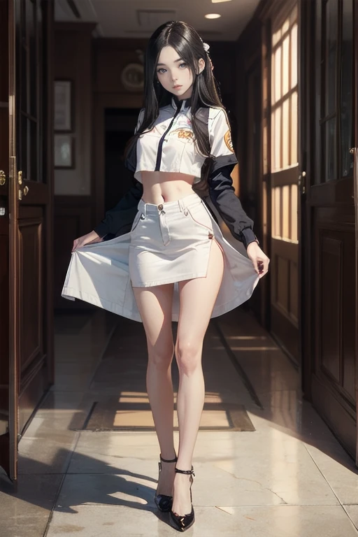 Highest quality, Full body portrait, Delicate face, Beautiful Face, Big eyes: 1.1, compensate: 1.2, 25-year-old female, The body is slim, Small breasts, OL Uniform, Women&#39;s White Collar Uniform, Office Uniforms, Black Stockings, Outdoor Scene, Are standing, Long Hair, nude, nude, nude