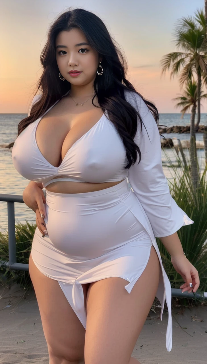((best quality)), ((masterpiece)), (detailed), perfect face, araffeTight skirtsShort , thicc, wavy short hair, she has a jiggly fat round belly, bbwchan, wearing tight simple clothes, skinny waist and thick hips, widest hips, her belly is fat and round, soft curvy shape, hyperrealistic full figure, wearing a cute top, wide hips, Blue swimsuit,On the beach by the seaBlue