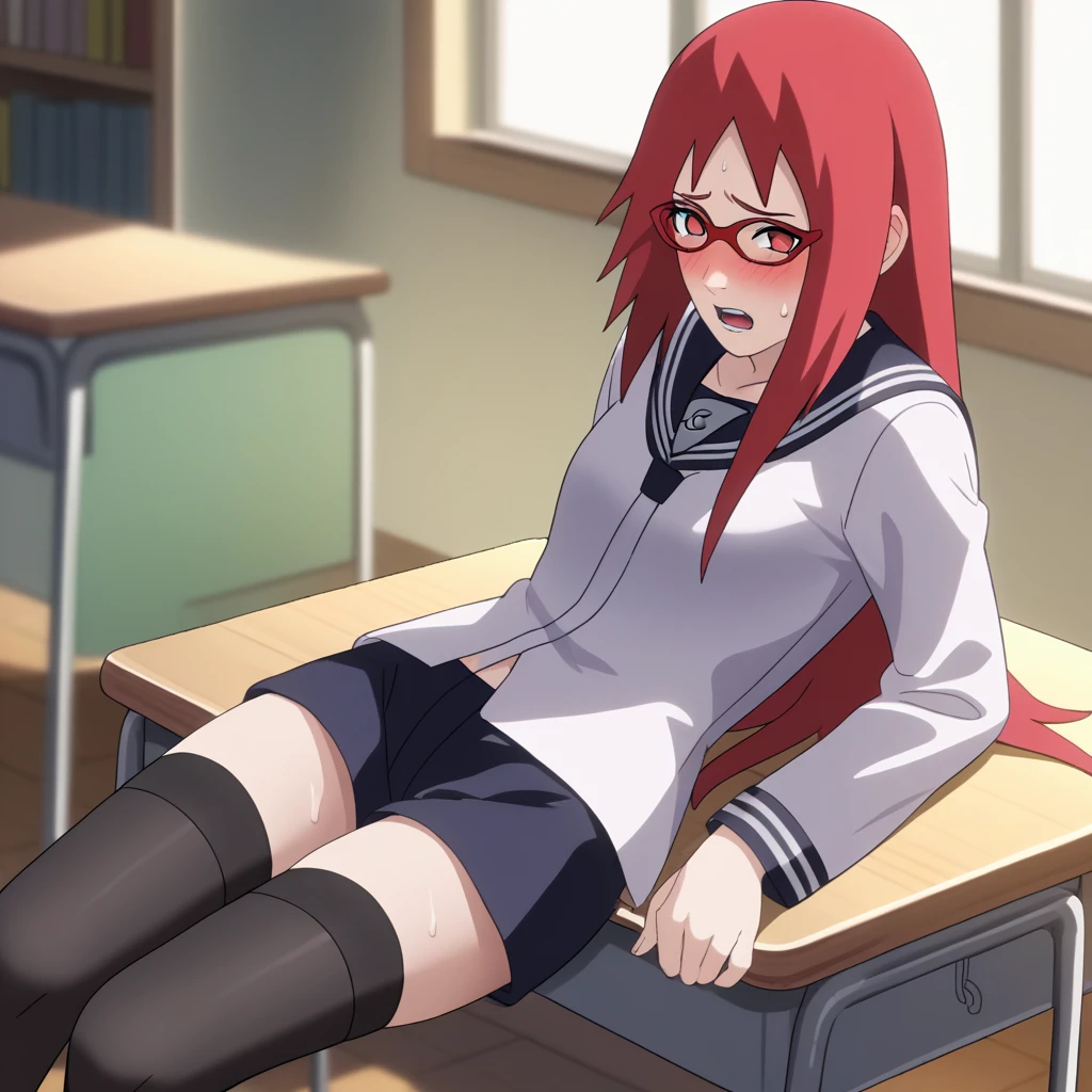 Red hair, 1 Girl, Glasses, Long hair, Red Eyes, Solitary, Sailor Suit, Black over-the-knee stockings, Black shorts, Umbilical cord, Looking at the audience,No students, Japanese cartoons screencap, Japanese cartoons coloring,src_Japanese cartoons,Naruto \(series\), Naruto shippuuden,((blush,nervous,Vision,classroom,bookshelf,sit on the chair,))masterpiece, absurd , (Intricate details), (Colorful), light, Extremely detailed CG Unity 8k wallpaper ,1 Girl, solo,(shy,classroom,night,blush,nervous,Sweating,蕾丝dress, ),sweat,blush,blush1.5,Blush,Medium chest,((dress,Black stockings,)),(dress,Lying in bed,Uncomfortable expression,Mouth open,spit)