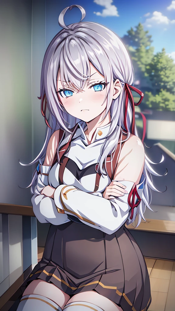 - Anime girl with long white hair and blue eyes - Wearing a Japanese  - Serious expression、Arms crossed - White blouse and brown skirt - Red ribbon on the collar - White thigh-high socks with decorative patterns