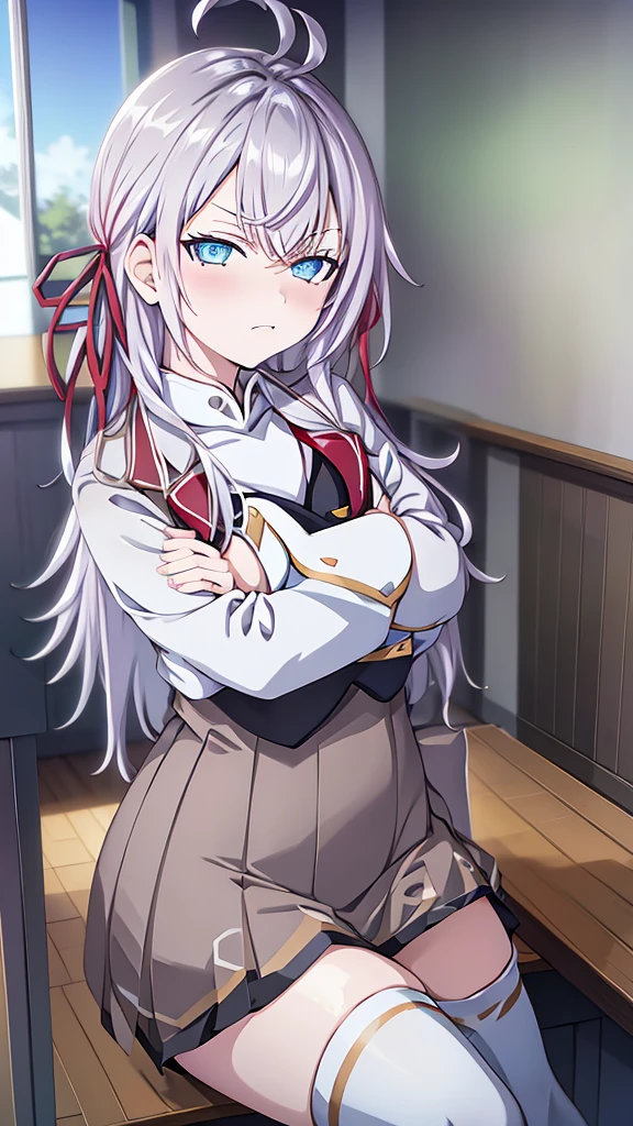 - Anime girl with long white hair and blue eyes - Wearing a Japanese  - Serious expression、Arms crossed - White blouse and brown skirt - Red ribbon on the collar - White thigh-high socks with decorative patterns