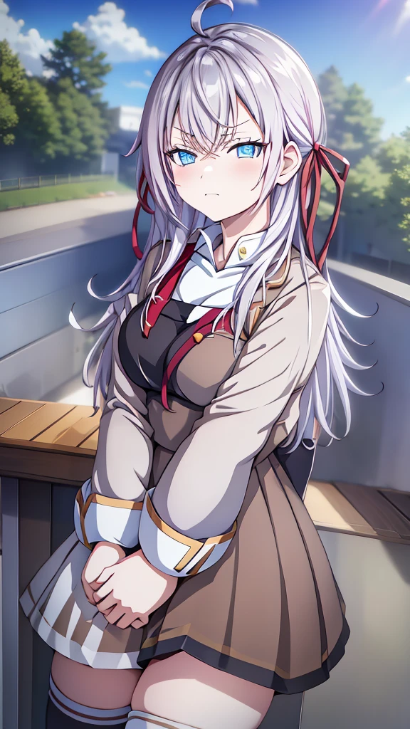 - Anime girl with long white hair and blue eyes - Wearing a Japanese  - Serious expression、Arms crossed - White blouse and brown skirt - Red ribbon on the collar - White thigh-high socks with decorative patterns